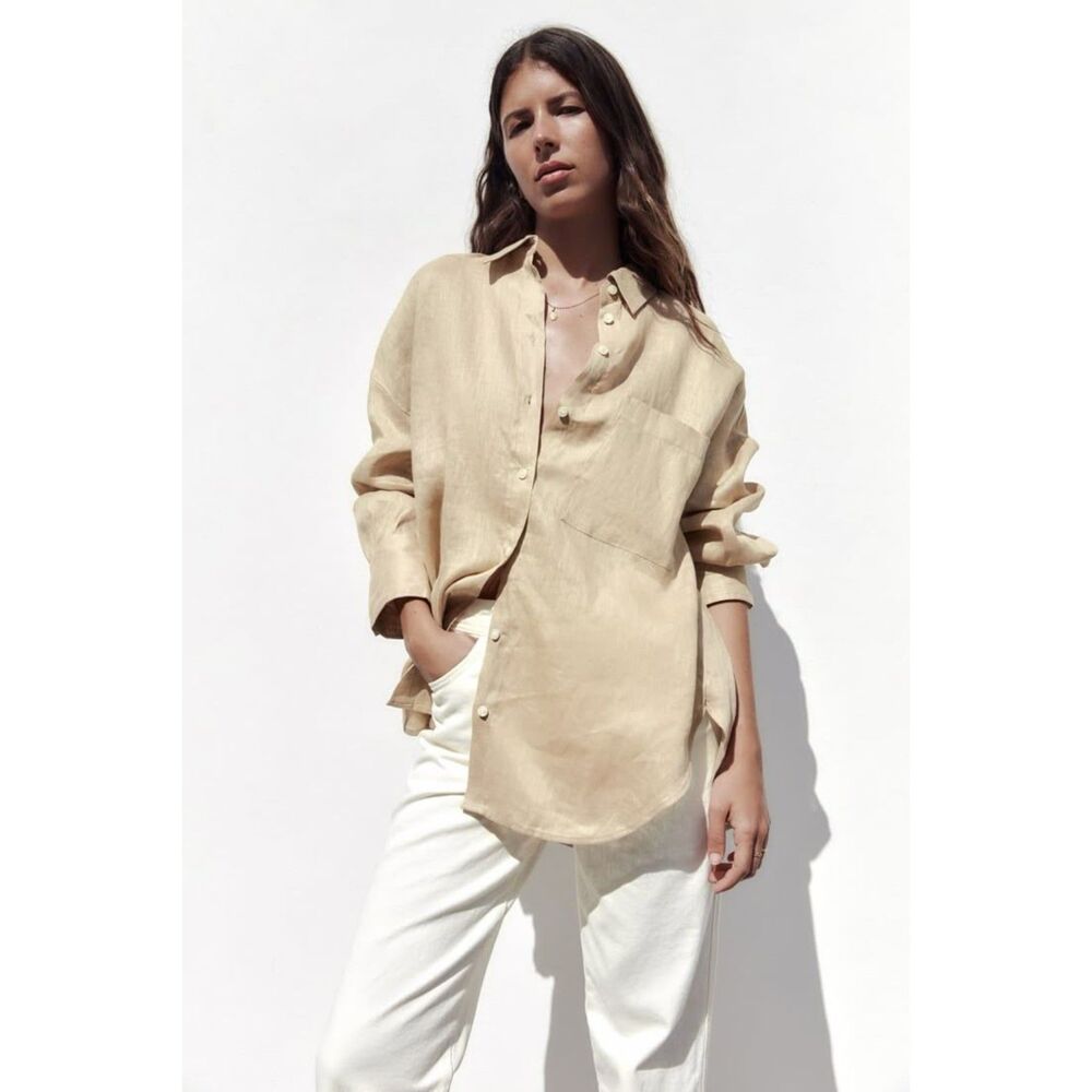 ZARA Linen Oversized Button Down Tan Small